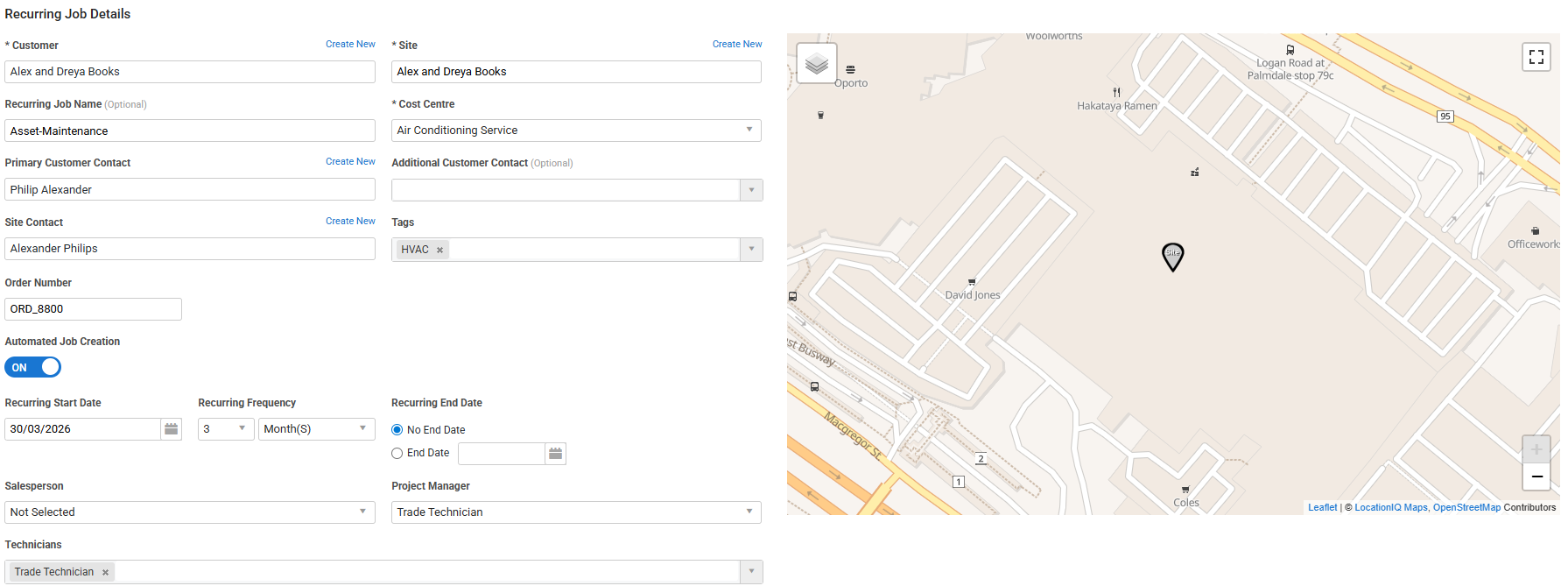 A screenshot of a recurring job being created.